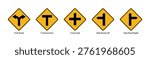 road intersection warning signs fork crossroad t junction side roads traffic safety icons