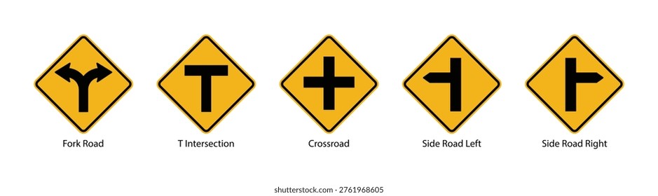 road intersection warning signs fork crossroad t junction side roads traffic safety icons