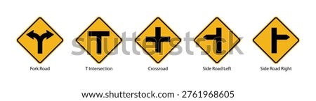 road intersection warning signs fork crossroad t junction side roads traffic safety icons