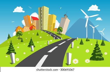 Road into the city around wind power station. Vector art