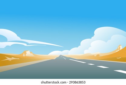 The road into desert. Vector illustration of a road in the deserted landscape, with a blue sky and the great cumulus clouds in the background. Empty space leaves room for design elements or text.