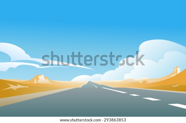 The road into desert. Vector illustration of a road\
in the deserted landscape, with a blue sky and the great cumulus\
clouds in the background. Empty space leaves room for design\
elements or text.