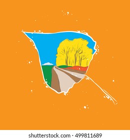 The road into the distance. Nature. Simple landscape. Frame in the form of a sheet of wood. Autumn mood. Doodle. Bright autumn landscape. Vector landscape