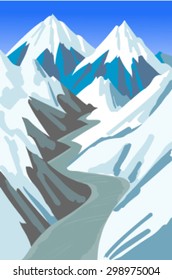 The road into mountains. Vector illustration of the road aiming for a horizon in snowy mountains, with a blue sky in the background. Cartoon style. Postcard. Background.