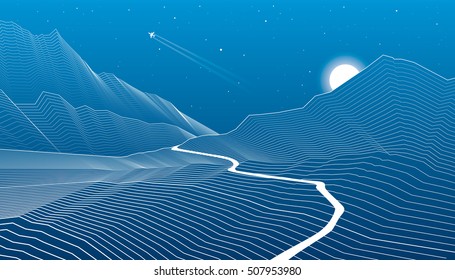 Road into the mountains, winding highway, mountain landscape, white lines on blue background, vector design art