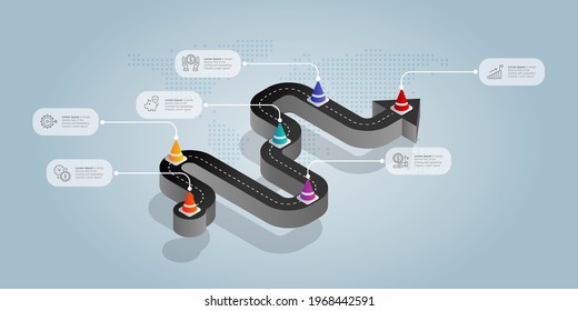 road isometric infographics presentation element template with business icons 6 options vector illustration background