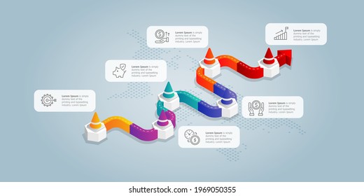 road isometric infographics presentation element template with business icons 6 options vector illustration background
