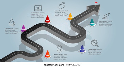 road isometric infographics presentation element template with business icons 6 options vector illustration background