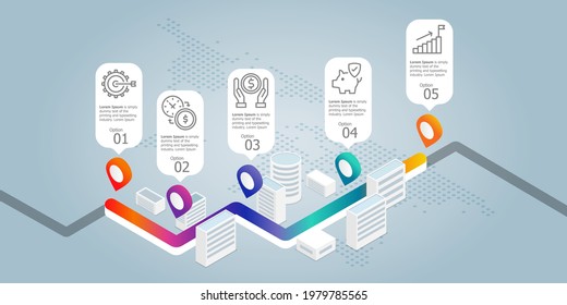 road isometric infographics presentation element template with business icons 5 options vector illustration background