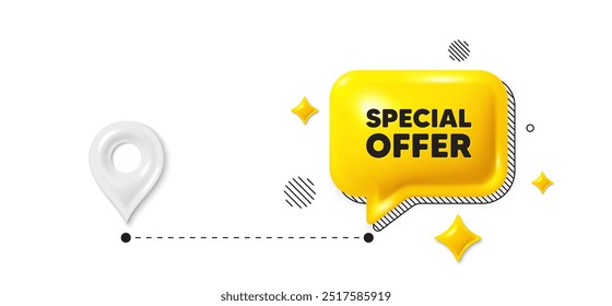 Road journey position 3d pin. Special offer tag. Sale sign. Advertising Discounts symbol. Special offer message. Chat speech bubble, place banner. Yellow text box. Vector