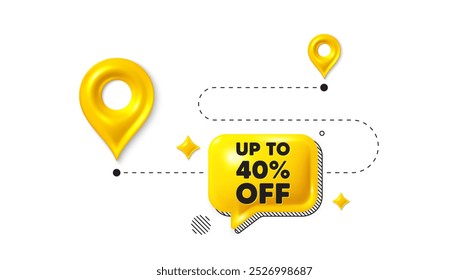 Posição de viagem em estrada 3d pin. Até 40% de desconto. Sinal de preço de oferta de desconto. Símbolo de oferta especial. Economize 40 porcentagens. Mensagem de marca de desconto. Balão de conversação, colocar faixa. Vetor