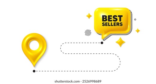 Road journey position 3d pin. Best sellers tag. Special offer price sign. Advertising discounts symbol. Best sellers message. Chat speech bubble, place banner. Yellow text box. Vector