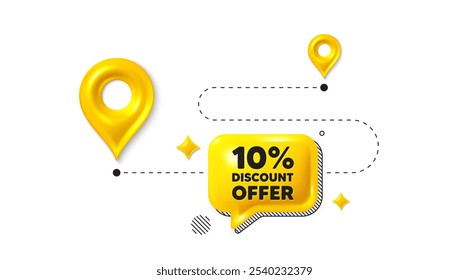 Posição de viagem em estrada 3d pin. etiqueta de desconto de 10%. Sinal de preço de oferta de venda. Símbolo de oferta especial. Mensagem de desconto. Balão de conversação, colocar faixa. Caixa de texto amarela. Vetor