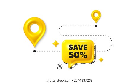 Posição de viagem em estrada 3d pin. Economize 50%. Sinal de preço de oferta de desconto de venda. Símbolo de oferta especial. Mensagem de desconto. Balão de conversação, colocar faixa. Caixa de texto amarela. Vetor