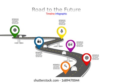 Road journey. Vector illustration. Asphalt street  isolated on white background. Symbols, steps for successful business planning. GPS location timeline infographic template with pin pointer icon. 