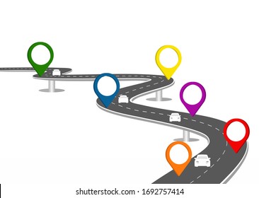 Road journey. Vector illustration. Asphalt street  isolated on white background. Symbols, steps for successful business planning. GPS location timeline infographic template with pin pointer icon. 