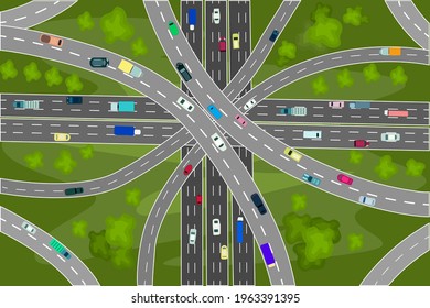 Road junction and bridges with many cars top view. Modern highway and transport. Intersections and overpasses. Vehicles moving on a road or public highway. Stream of heavy traffic. Vector illustration