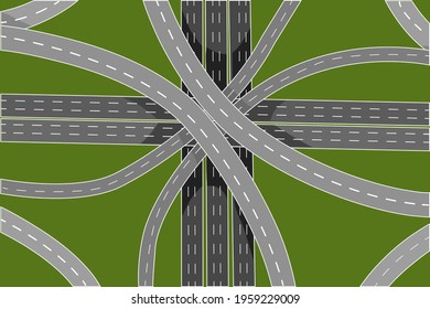 Road junction and bridges top view isolated on green background. Aerial view of highway. Empty intersections and overpasses. Traffic infrastructure. Autobahn or expressway concept. Vector illustration