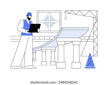 Road junction building abstract concept vector illustration. Industrial engineer with laptop checks process of building a bridge, infrastructure development, road construction abstract metaphor.