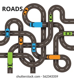 Road junction concept, a lot of roads with traffic jam isolated in white background. Colorful cars and trucks.  