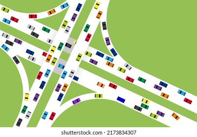 Road junction with many cars top view. Highway and transport. Intersections and overpasses. Vehicles moving on a road or public highway. Stream of heavy traffic. Vector illustration