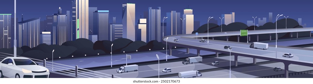 Cruce de carretera por la noche. Intercambio vial con rascacielos. Infraestructura de la ciudad. Panorama de paisaje urbano nocturno. Tráfico en puente elevado, autopista. Los coches conducen por la entrada. Ilustración vectorial plana