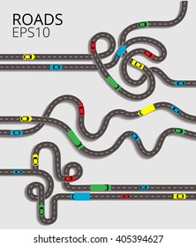 Road Junction Set On The White Background. Spaghetti Junction Road Traffic With Convoluted Intertwined Roads And Colorful Cars