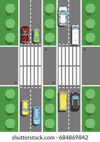 Road junction. Top view on road junction traffic. Car transport moving through crossroad vector illustration. City highway icon isolate on white background
