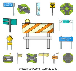 Road junctions and signs cartoon icons in set collection for design.Pedestrian crossings and signs vector symbol stock web illustration.