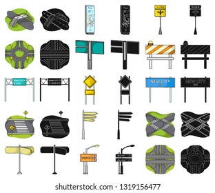 Road junctions and signs cartoon,black icons in set collection for design.Pedestrian crossings and signs vector symbol stock web illustration.