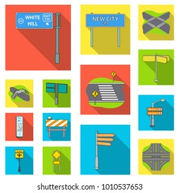 Road junctions and signs flat icons in set collection for design.Pedestrian crossings and signs vector symbol stock web illustration.