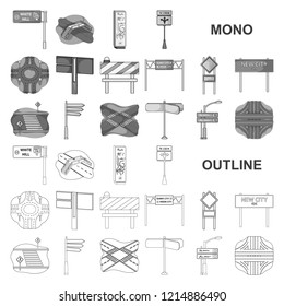 Road junctions and signs monochrom icons in set collection for design.Pedestrian crossings and signs vector symbol stock web illustration.