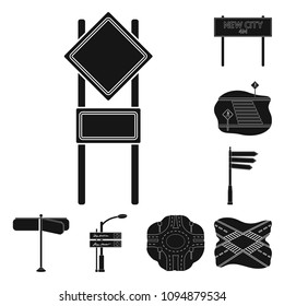 Road junctions and signs and other web icon in black style.Pedestrian crossings and signs icons in set collection.