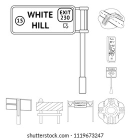 Road junctions and signs and other web icon in outline style.Pedestrian crossings and signs icons in set collection.