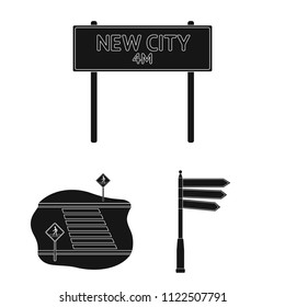 Road junctions and signs and other web icon in black style.Pedestrian crossings and signs icons in set collection.