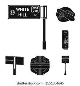 Road junctions and signs and other web icon in black style.Pedestrian crossings and signs icons in set collection.