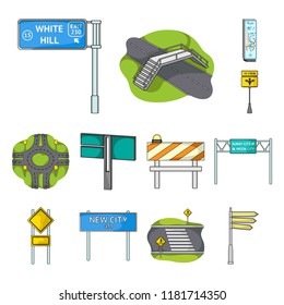 Road junctions and signs and other web icon in cartoon style.Pedestrian crossings and signs icons in set collection.