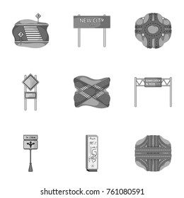 Road junctions and signs and other web icon in monochrome style.Guides and signs of traffic icons in set collection.