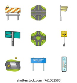 Road junctions and signs and other web icon in cartoon style.Guides and signs of traffic icons in set collection.