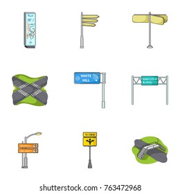 Road junctions and signs and other web icon in cartoon style.Guides and signs of traffic icons in set collection.