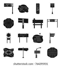 Road junctions and signs and other web icon in black style.Pedestrian crossings and signs icons in set collection.