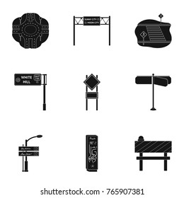 Road junctions and signs and other web icon in black style.Guides and signs of traffic icons in set collection.