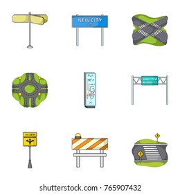 Road junctions and signs and other web icon in cartoon style.Guides and signs of traffic icons in set collection.