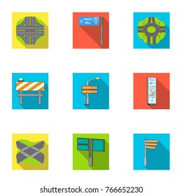 Road junctions and signs and other web icon in flat style.Guides and signs of traffic icons in set collection.