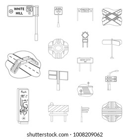 Road junctions and signs outline icons in set collection for design.Pedestrian crossings and signs vector symbol stock web illustration.