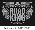 Road king biker emblem with skull wings and motorcycle chain