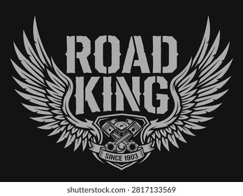 Road king motorcycle emblem with wings and engine pistons