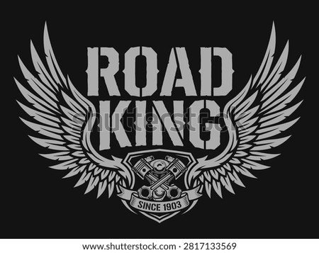 Road king motorcycle emblem with wings and engine pistons