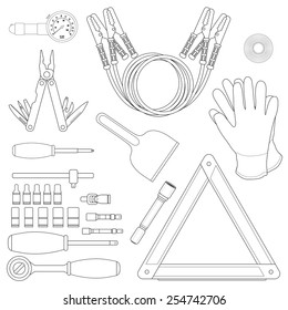 Road kit linear set. Tire pressure gauge, jumper cables, insulating tape, working gloves, emergency sign, flashlight, ice scraper, ratchet set, screwdriver, multi-tool. Vector illustrations