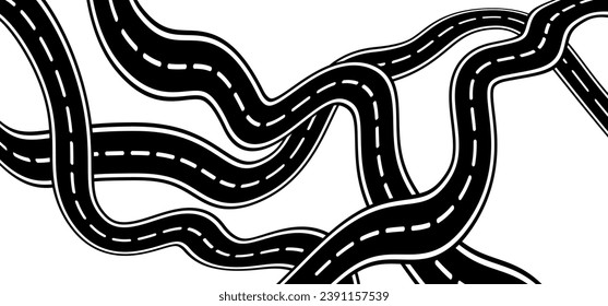 Road knot, Intersection. Winding road. Curved road with white markings. Asphalt roadway with turns. Curve way or asphalt highway or city street. Winding route,  Away knot. traffic congestion.